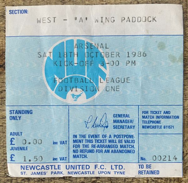 1986/87 ORIGINAL DIVISION ONE TICKET NEWCASTLE UNITED V ARSENAL