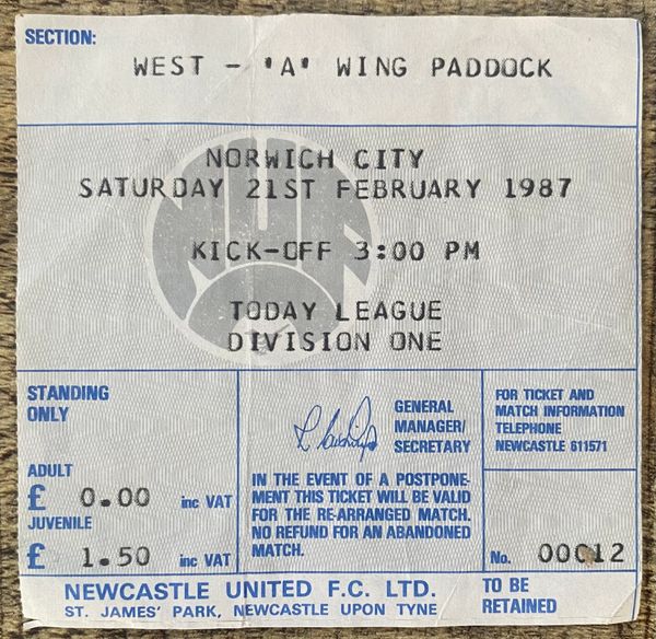 1986/87 ORIGINAL DIVISION ONE TICKET NEWCASTLE UNITED V NORWICH CITY