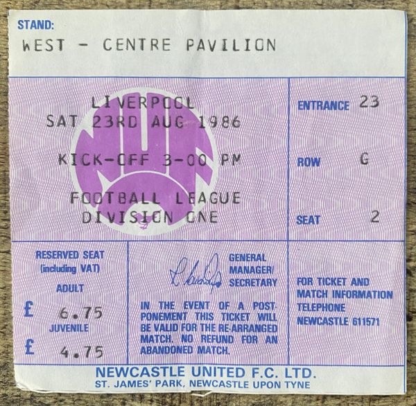 1986/87 ORIGINAL DIVISION ONE TICKET NEWCASTLE UNITED V LIVERPOOL