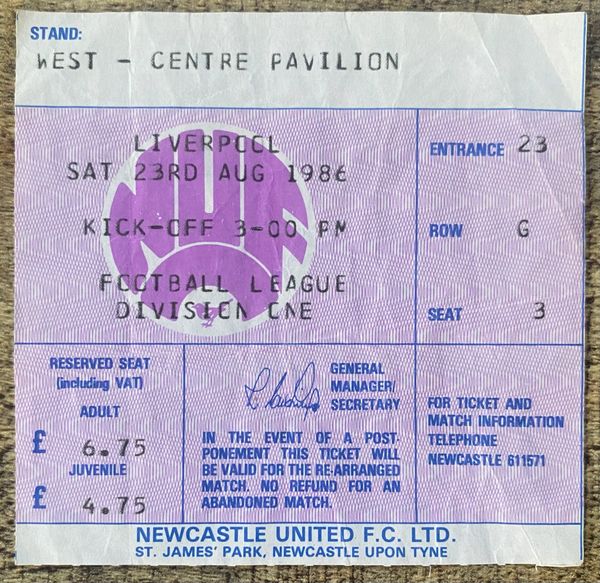 1986/87 ORIGINAL DIVISION ONE TICKET NEWCASTLE UNITED V LIVERPOOL