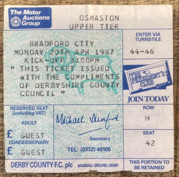 1986/87 ORIGINAL DIVISION TWO TICKET DERBY COUNTY V BRADFORD CITY