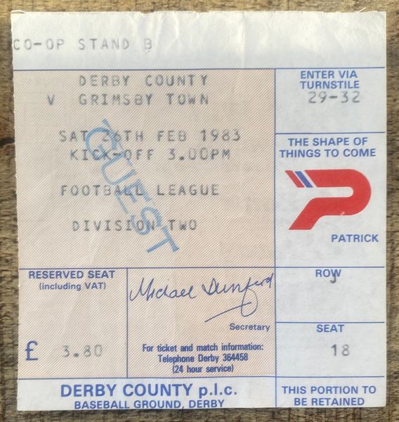 1982/83 ORIGINAL DIVISION TWO TICKET DERBY COUNTY V GRIMSBY TOWN