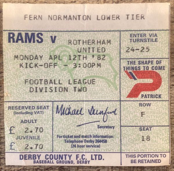 1981/82 ORIGINAL DIVISION TWO TICKET DERBY COUNTY V ROTHERHAM UNITED