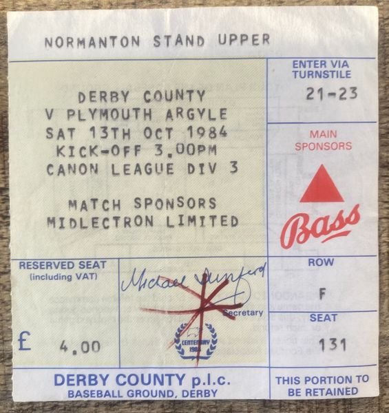 1984/85 ORIGINAL DIVISION THREE TICKET DERBY COUNTY V PLYMOUTH ARGYLE