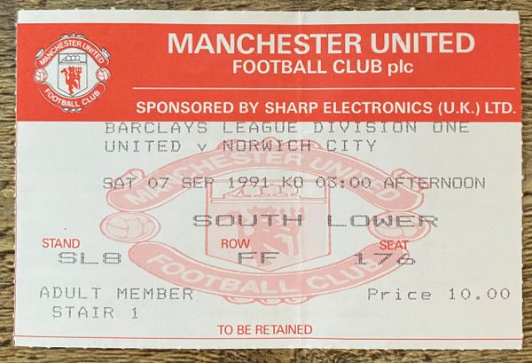 1991/92 ORIGINAL DIVISION ONE TICKET MANCHESTER UNITED V NORWICH CITY