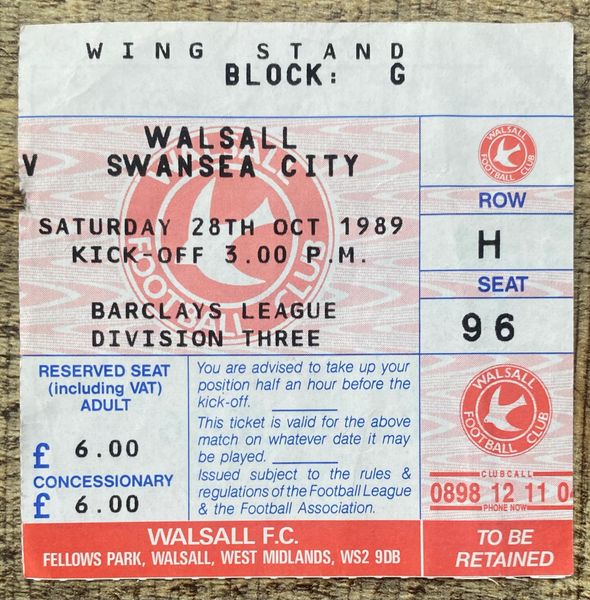 1989/90 ORIGINAL DIVISION THREE TICKET WALSALL V SWANSEA CITY