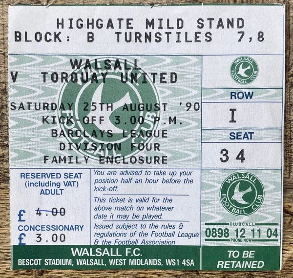 1990/91 ORIGINAL DIVISION FOUR TICKET WALSALL V TORQUAY UNITED