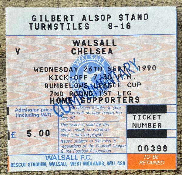 1990/91 ORIGINAL RUMBELOWS CUP 2ND ROUND 1ST LEG TICKET WALSALL V CHELSEA