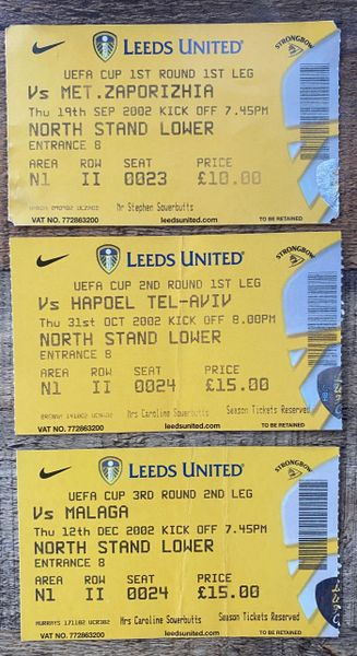 3X 2002/03 LEEDS UNITED ORIGINAL UEFA CUP HOME TICKETS V ZAPORIZHIA MALAGA & HAPEOL TEL AVIV