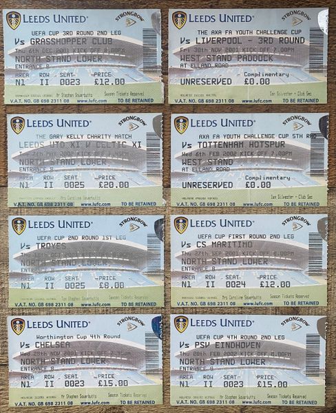 8X 2001/02 LEEDS UNITED ORIGINAL HOME TICKETS inc UEFA CUP