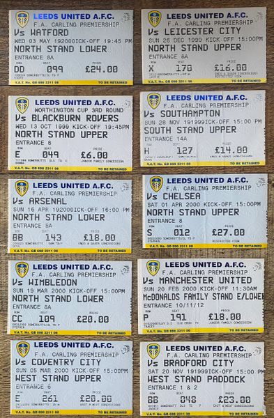 10X 1999/2000 LEEDS UNITED ORIGINAL HOME TICKETS