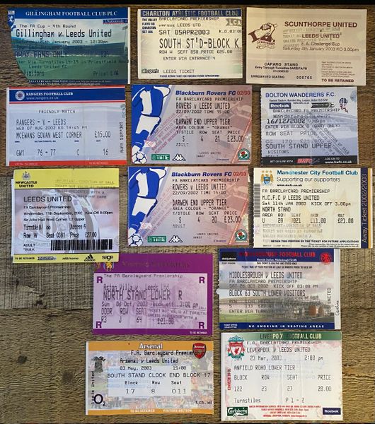 13 X 2002/03 LEEDS UNITED ORIGINAL AWAY TICKETS (LEEDS ALLOCATION