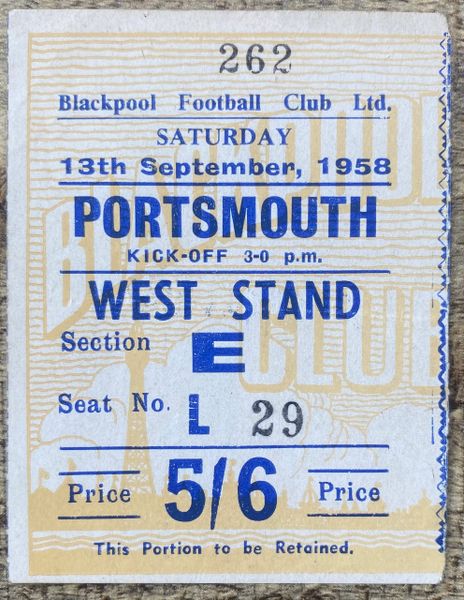 1958/59 ORIGINAL DIVISION ONE TICKET BLACKPOOL v PORTSMOUTH