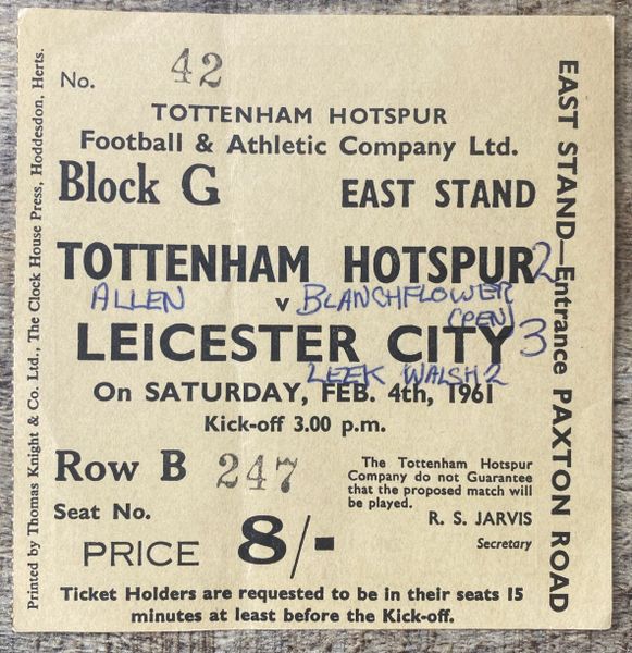 1960/61 ORIGINAL DIVISION ONE TICKET TOTTENHAM HOTSPUR V LEICESTER CITY