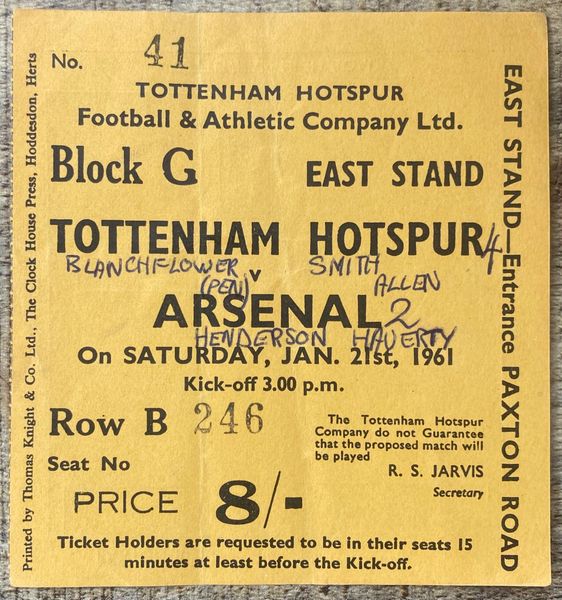 1960/61 ORIGINAL DIVISION ONE TICKET TOTTENHAM HOTSPUR V ARSENAL