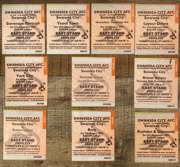 10 x ORIGINAL 2002/03 - 2003/04 SWANSEA CITY HOME MATCH TICKETS AT THE VETCH FIELD