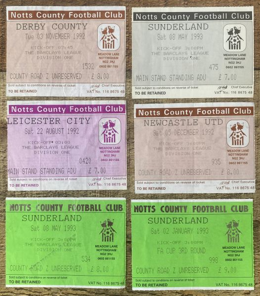 6X 1992/93 ORIGINAL NOTTS COUNTY HOME MATCH TICKETS