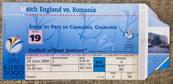 2000 ORIGINAL EUROPEAN CHAMPIONSHIPS 1ST ROUND TICKET ENGLAND V ROMANIA @CHARLEROI