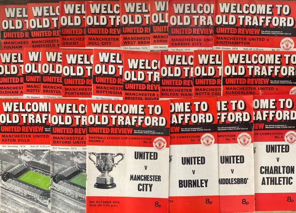 23X 1974/75 ORIGINAL MANCHESTER UNITED HOME PROGRAMMES UNITED REVIEW