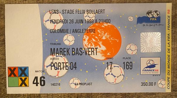 1998 ORIGINAL WORLD CUP 1ST ROUND TICKET ENGLAND V COLOMBIA @ LENS
