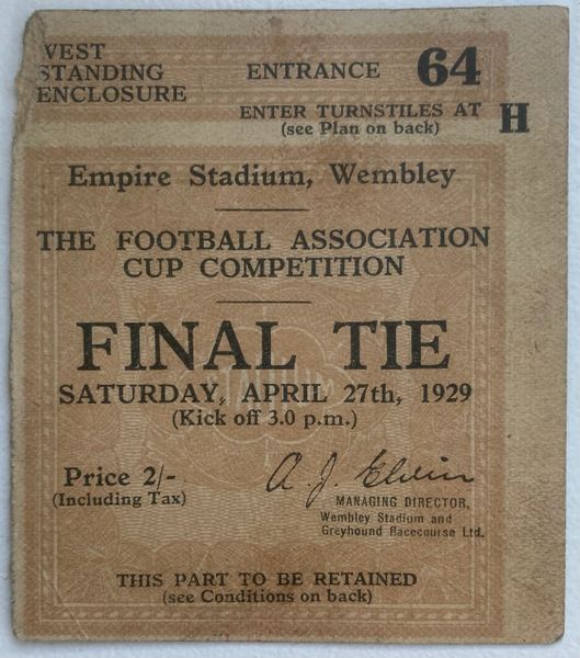 1929 ORIGINAL FA CUP FINAL TICKET PORTSMOUTH V BOLTON WANDERERS
