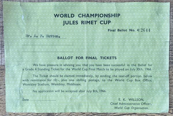 1966 ORIGINAL WORLD CUP FINAL TICKET ENGLAND V WEST GERMANY BALLOT SUCCESS LETTER
