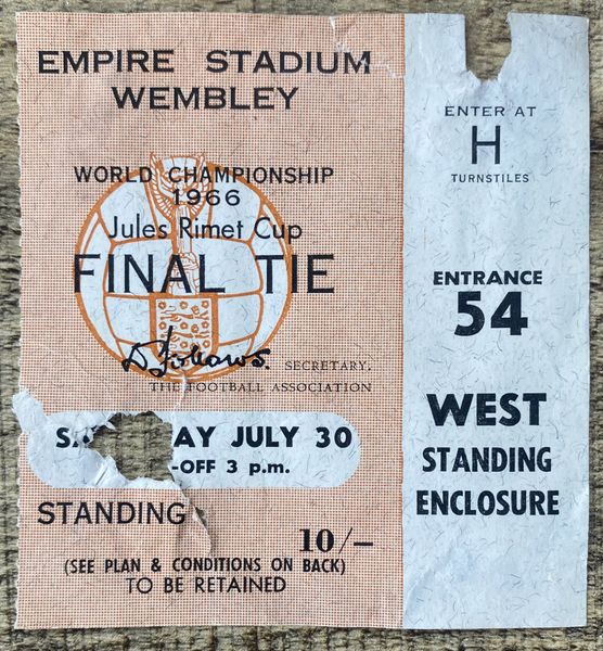 1966 ORIGINAL WORLD CUP FINAL TICKET ENGLAND V WEST GERMANY @ WEMBLEY H54 (DAMAGED)
