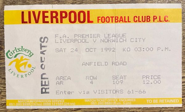 1992/93 ORIGINAL DIVISION ONE TICKET LIVERPOOL V NORWICH CITY (VISITORS END)