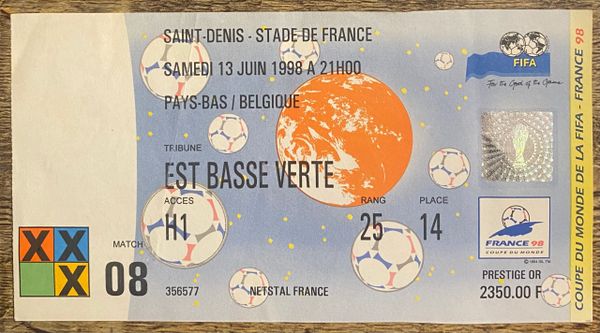 1998 ORIGINAL WORLD CUP 1ST ROUND TICKET NETHERLANDS V BELGIUM @PARIS