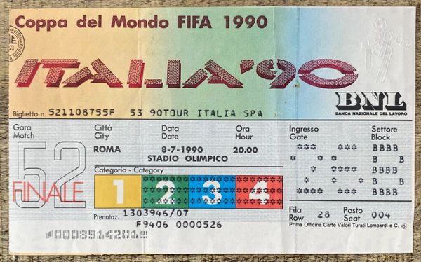 1990 ORIGINAL WORLD CUP FINAL TICKET ARGENTINA V WEST GERMANY @ROME