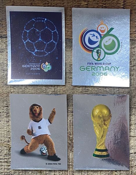 4X 2006 PANINI WORLD CUP GERMANY ORIGINAL UNUSED TOURNAMENT BADGES (FIRST FOUR)
