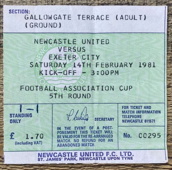 1980/81 ORIGINAL FA CUP 5TH ROUND TICKET NEWCASTLE UNITED V EXETER CITY