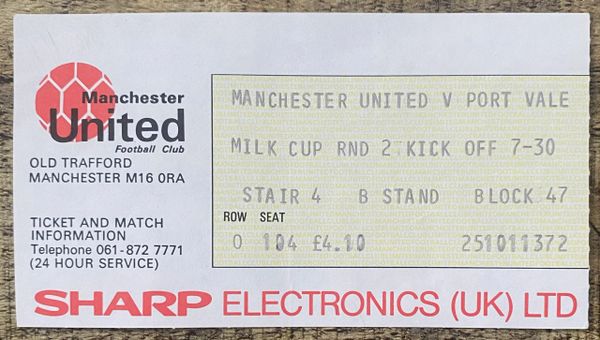 1983/84 ORIGINAL MILK CUP 2ND ROUND 2ND LEG TICKET MANCHESTER UNITED V PORT VALE