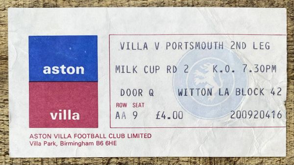 1983/84 ORIGINAL MILK CUP 2ND ROUND 2ND LEG TICKET ASTON VILLA V PORTSMOUTH