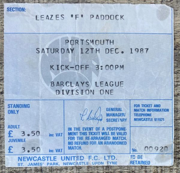 1987/88 ORIGINAL DIVISION ONE TICKET NEWCASTLE V PORTSMOUTH