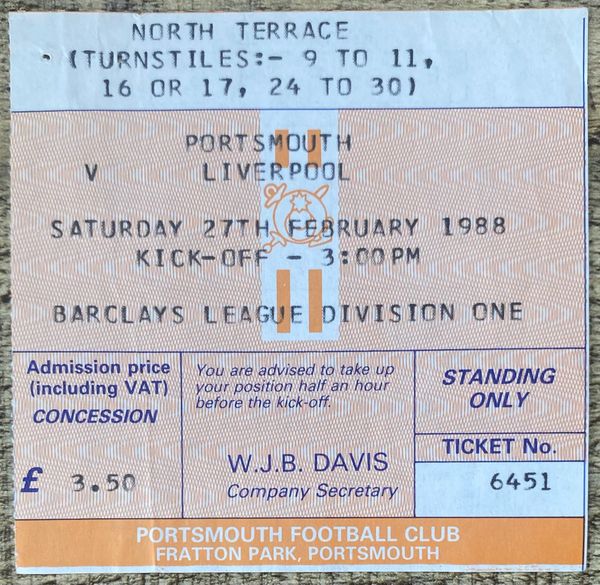 1987/88 ORIGINAL DIVISION ONE TICKET PORTSMOUTH V LIVERPOOL