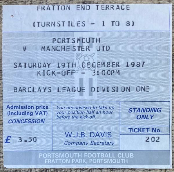 1987/88 ORIGINAL DIVISION ONE TICKET PORTSMOUTH V MANCHESTER UNITED