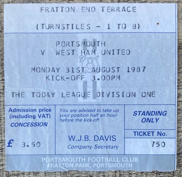 1987/88 ORIGINAL DIVISION ONE TICKET PORTSMOUTH V WEST HAM UNITED