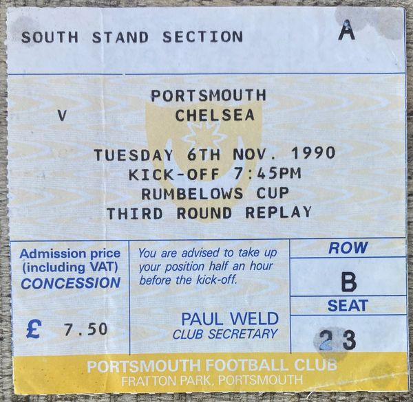 1990/91 ORIGINAL RUMBELOWS CUP 3RD ROUND REPLAY TICKET PORTSMOUTH V CHELSEA