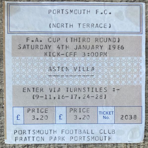 1985/86 ORIGINAL FA CUP 3RD ROUND TICKET ASTON VILLA V PORTSMOUTH