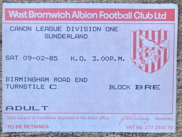 1984/85 ORIGINAL DIVISION ONE TICKET WEST BROMWICH ALBION V SUNDERLAND