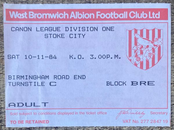 1984/85 ORIGINAL DIVISION ONE TICKET WEST BROMWICH ALBION V STOKE CITY
