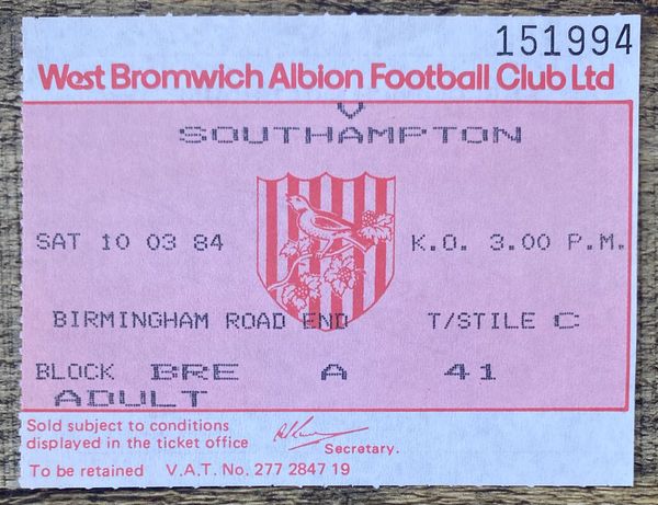 1983/84 ORIGINAL DIVISION ONE TICKET WEST BROMWICH ALBION V SOUTHAMPTON