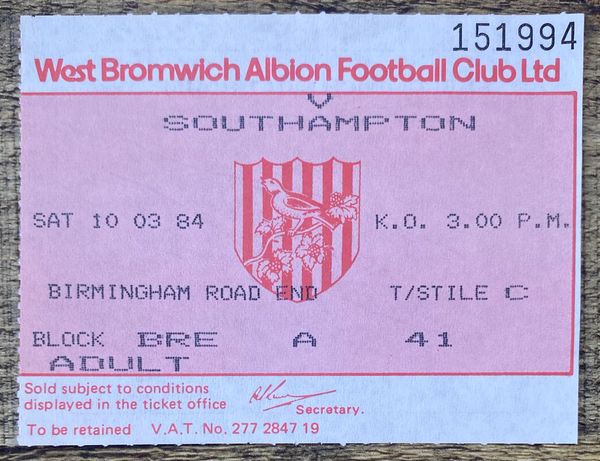 1983/84 ORIGINAL DIVISION ONE TICKET WEST BROMWICH ALBION V SOUTHAMPTON