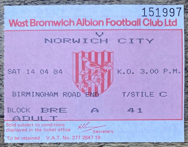 1983/84 ORIGINAL DIVISION ONE TICKET WEST BROMWICH ALBION V NORWICH CITY