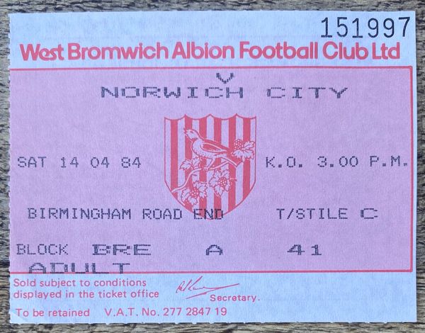 1983/84 ORIGINAL DIVISION ONE TICKET WEST BROMWICH ALBION V NORWICH CITY