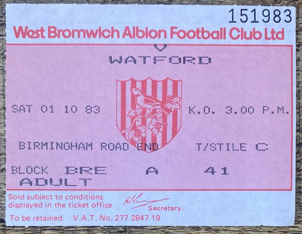 1983/84 ORIGINAL DIVISION ONE TICKET WEST BROMWICH ALBION V WATFORD