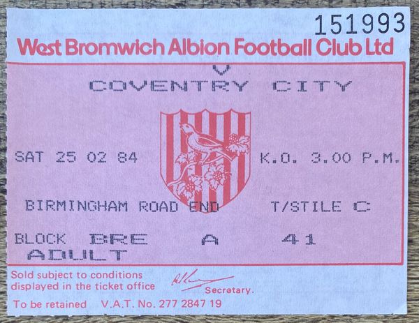 1983/84 ORIGINAL DIVISION ONE TICKET WEST BROMWICH ALBION V COVENTRY CITY