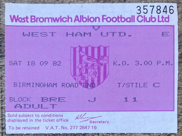 1982/83 ORIGINAL DIVISION ONE TICKET WEST BROMWICH ALBION V WEST HAM UNITED