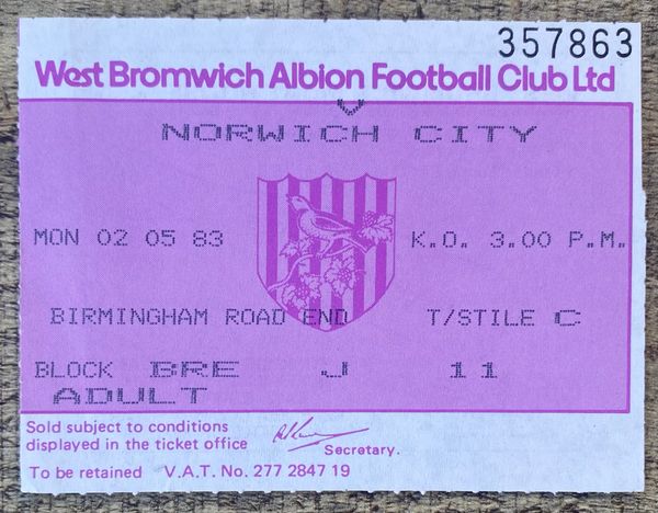 1982/83 ORIGINAL DIVISION ONE TICKET WEST BROMWICH ALBION V NORWICH CITY